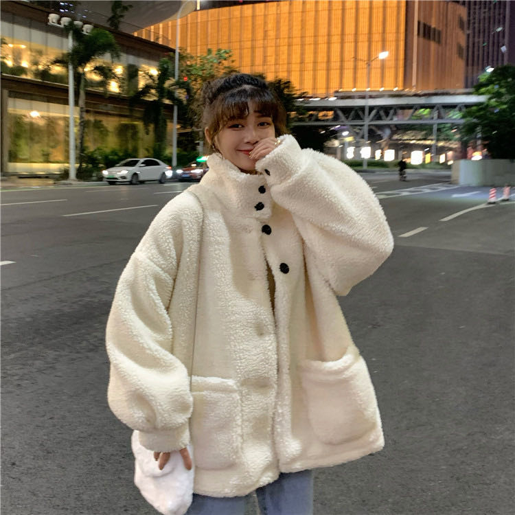 Breast style women's 2023 autumn and winter new velvet thickened lamb plush jacket loose stand-up collar cardigan top
