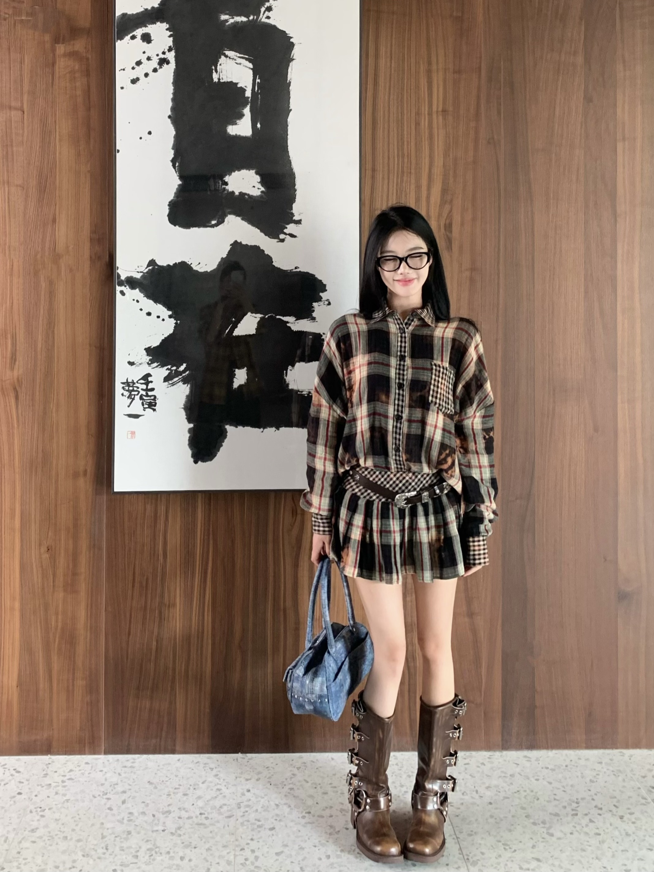 Sweet cool chic style tie-dye plaid stitching shirt pleated skirt suit