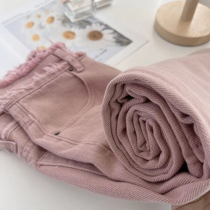 Dirty pink straight high waist jeans for women 2023 new autumn and winter niche design raw edge wide leg loose floor mopping pants