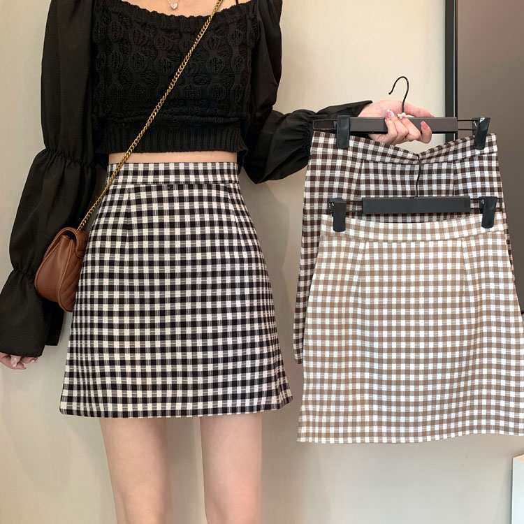 ~2023 Korean version of versatile high-waist slim plaid skirt A-line skirt hip-covering skirt short skirt for female students