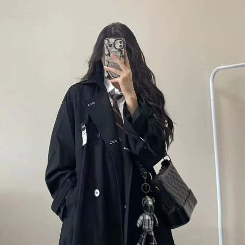 With lining 2023 spring and autumn new Korean version of the dark windbreaker women's double-breasted square collar mid-length coat jacket
