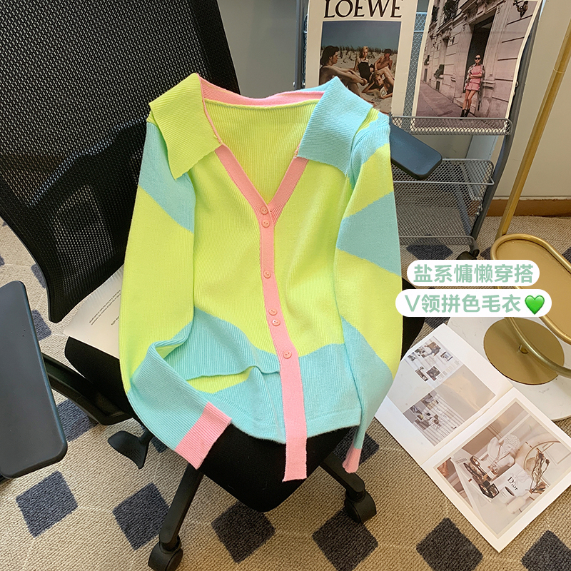 Polo collar dopamine color 2023 new autumn high-end contrast color gentle wind soft waxy lazy sweater jacket