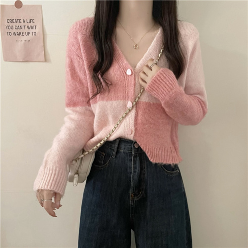 ~Autumn new soft and waxy niche age-reducing knitted stitching sweater cardigan coat for women