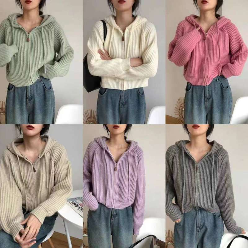 Hooded short knit cardigan jacket autumn women's 2023 new Korean sweater coat women loose lazy style