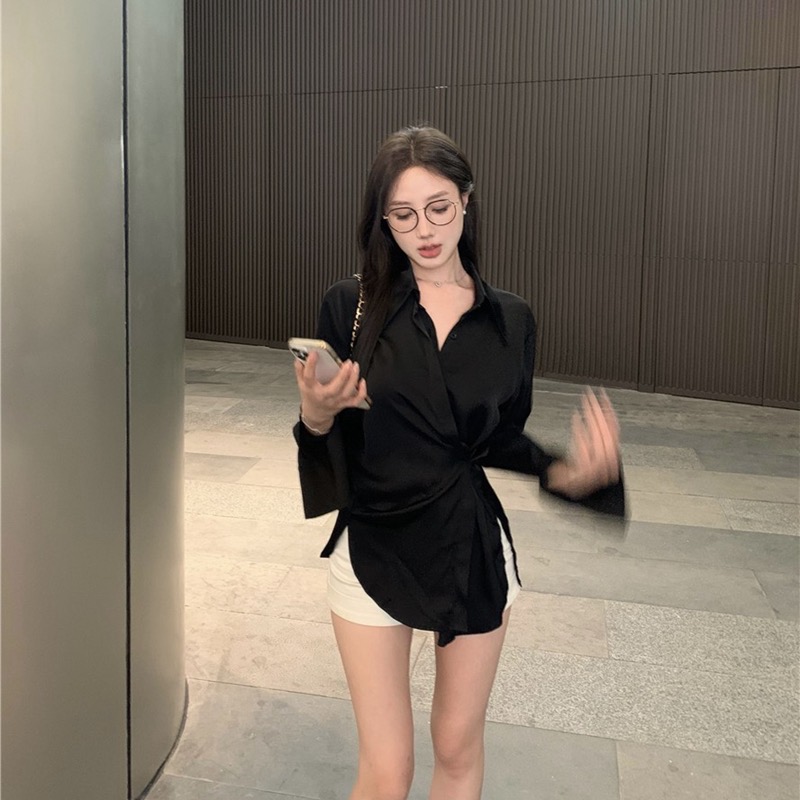 Polyester fiber 2 spandex French black long-sleeved shirt women's spring and autumn thin design