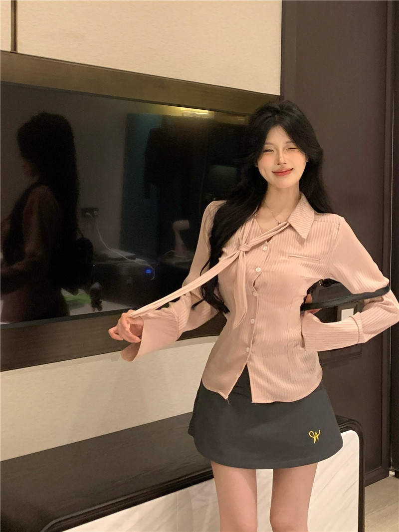 Pure desire wind satin tie long-sleeved embroidered shirt women's anti-skid skirt two-piece set