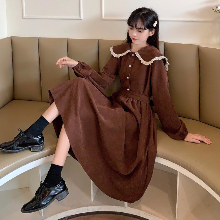 Autumn 2023 new sweet French corduroy waist slimming bow long-sleeved dress preppy style women's skirt