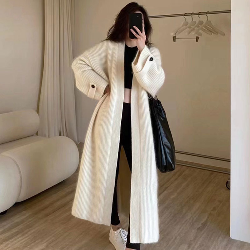Korean chic French high-end sense V-neck soft waxy skin-friendly knitted cardigan loose over the knee long sweater coat for women