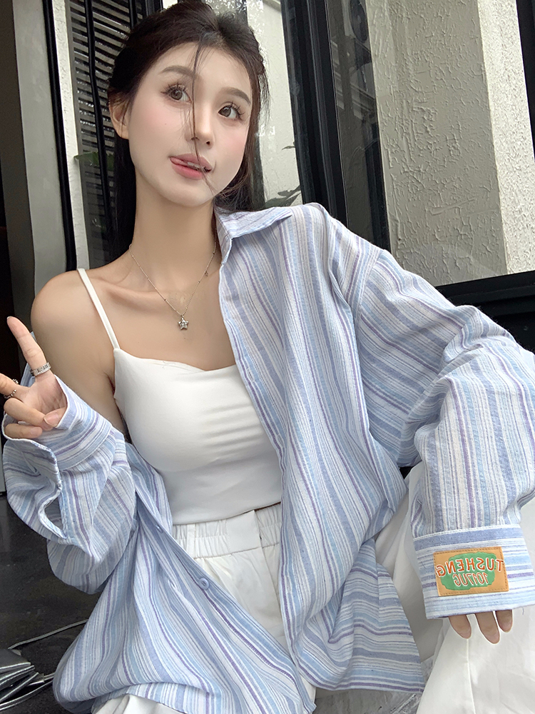 Blue striped polo collar long-sleeved shirt women's summer cotton and linen thin loose sun protection shirt mid-length top