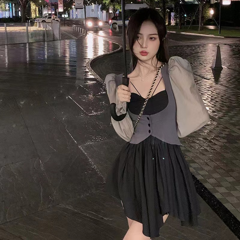2023 new autumn hot girl dress suit women's vest top + suspender skirt two-piece fashionable clothes