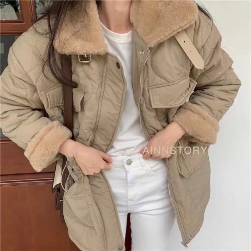Korean chic retro stand-up collar multi-pocket zipper drawstring waist warm padded jacket for women