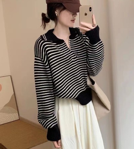 Early autumn new college style sweater  Korean women's clothing loose and thin all-match striped top long-sleeved sweater