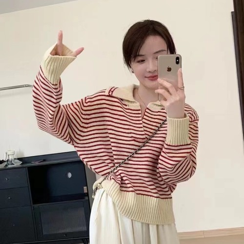 Early autumn new college style sweater  Korean women's clothing loose and thin all-match striped top long-sleeved sweater