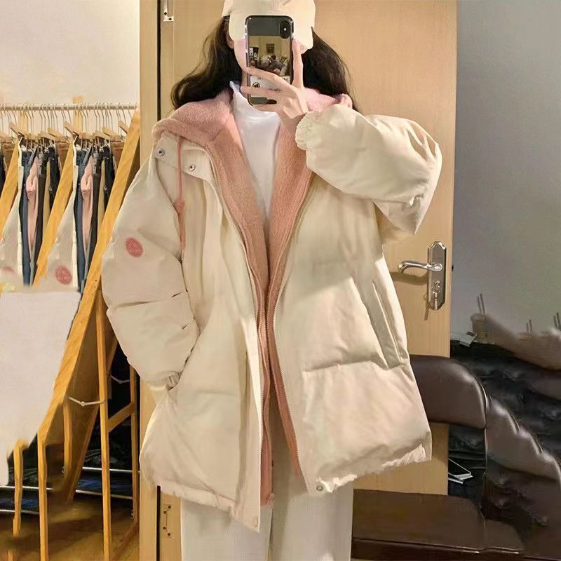 2023 new winter fake two-piece lamb wool cotton-padded jacket for women with design hooded stitching ins student cotton-padded jacket