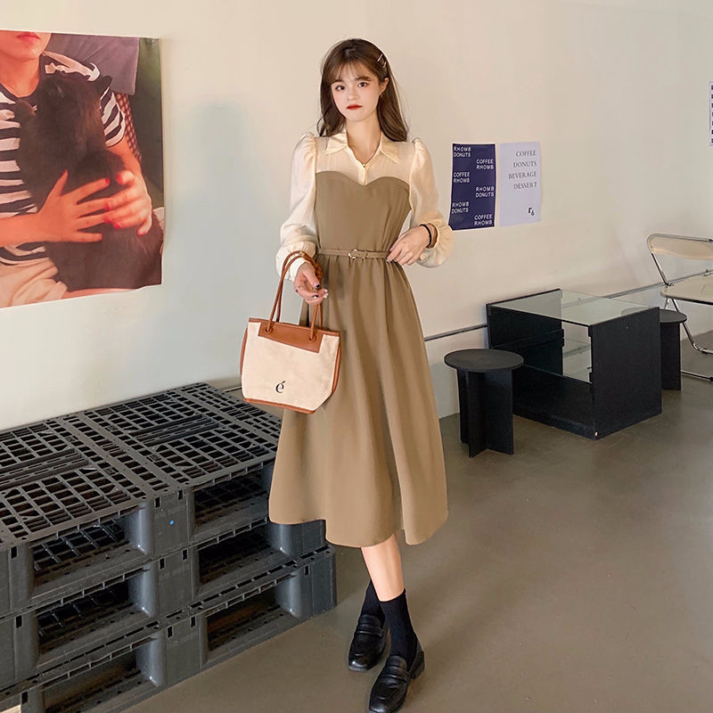 2023 New Autumn Slim Fit Versatile Splicing Fake Two-piece POLO Collar Puff Sleeve Dress A-Line Skirt for Women