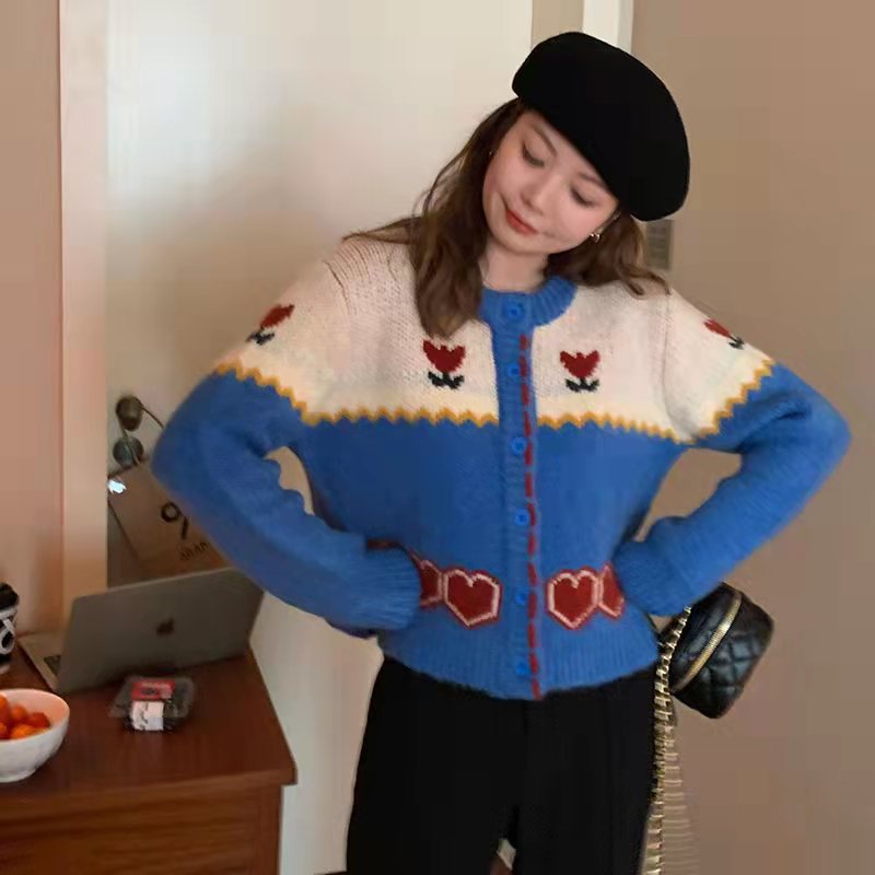 imxiang homemade Korean chic chic knitted cardigan top for women in early spring contrasting color retro jacquard sweater jacket