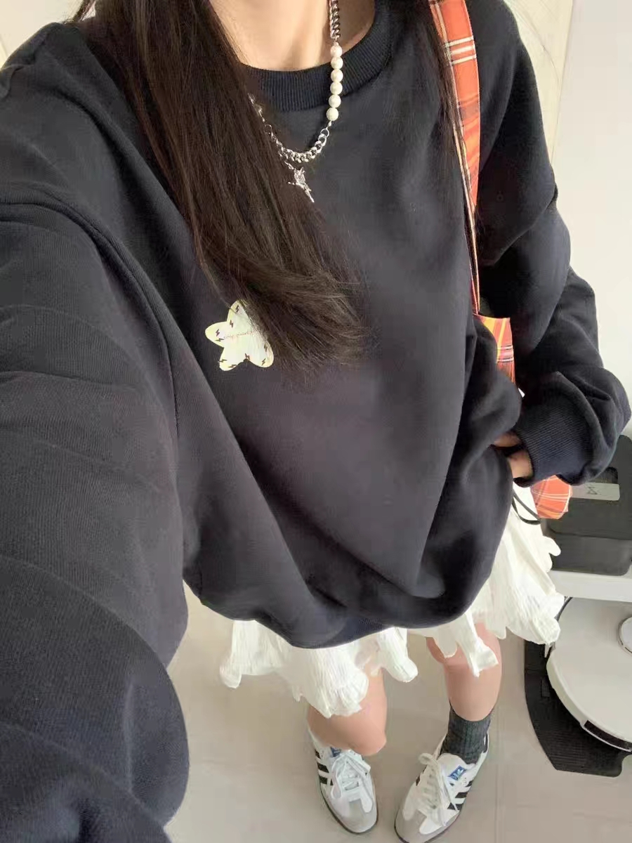 Thin Chinese cotton milk silk plus velvet Chinese cotton silver fox velvet round neck printed sweatshirt for women couple quality
