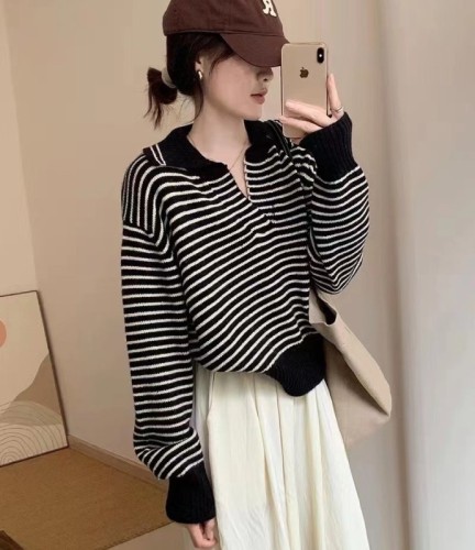 Early autumn new college style sweater  Korean women's clothing loose and thin all-match striped top long-sleeved sweater
