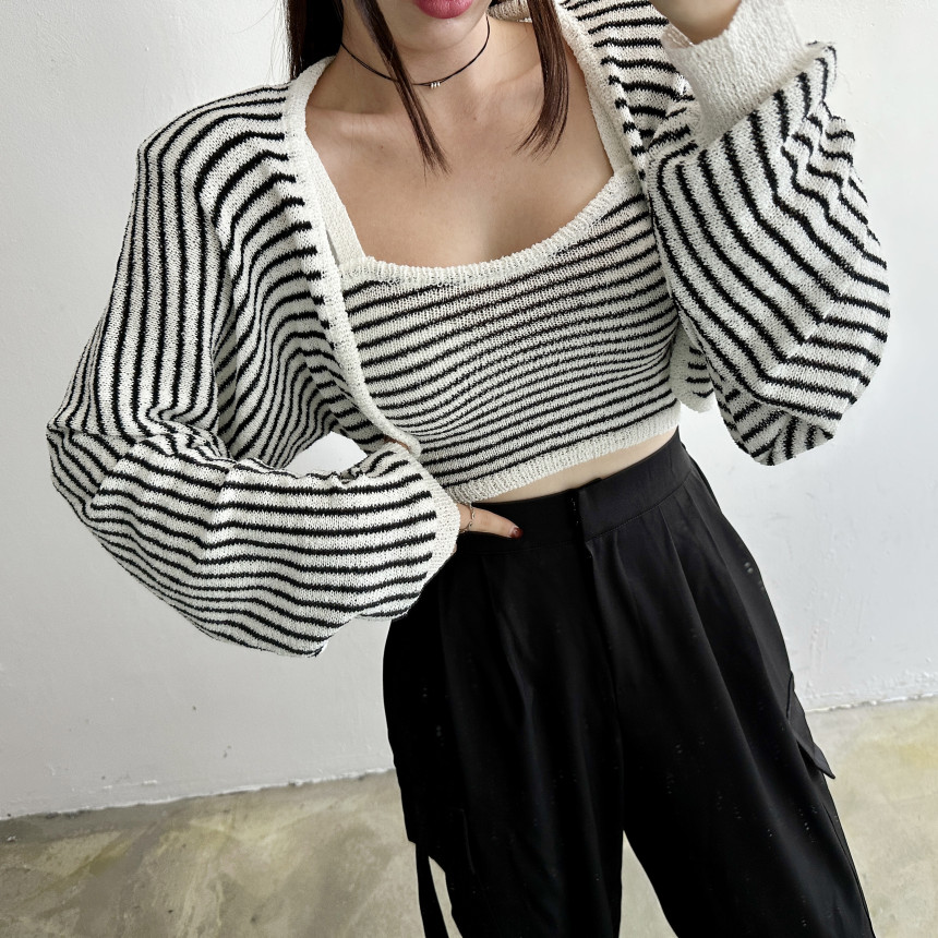 2023 Korean new style striped camisole short long-sleeved knitted cardigan two-piece set