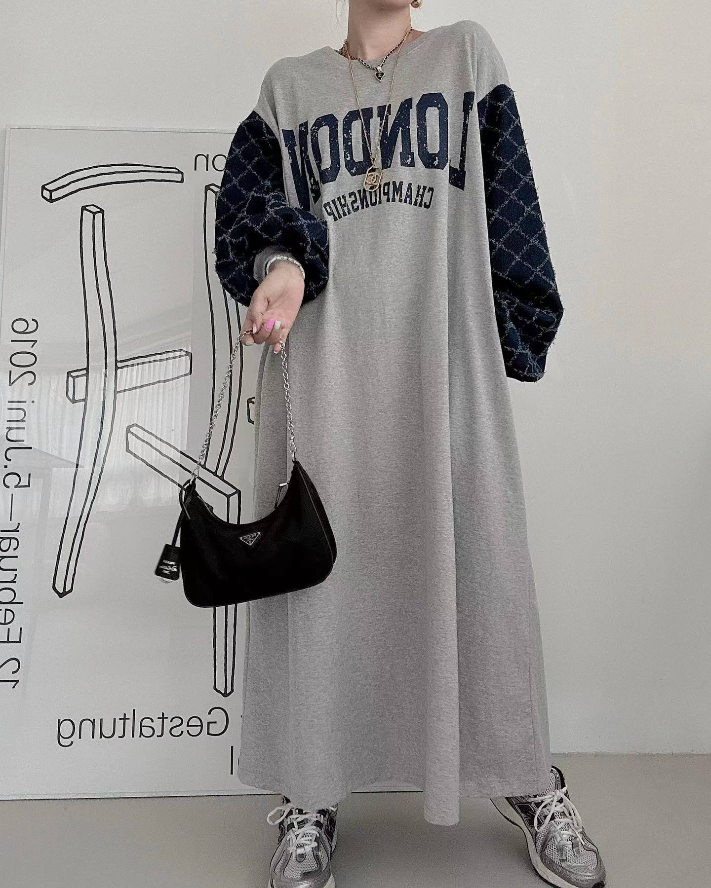 Korean Dongdaemun personalized stitching lantern sleeve letter print dress for women