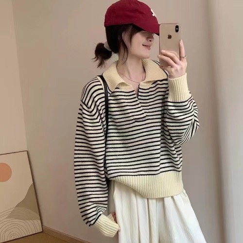 Early autumn new college style sweater  Korean women's clothing loose and thin all-match striped top long-sleeved sweater