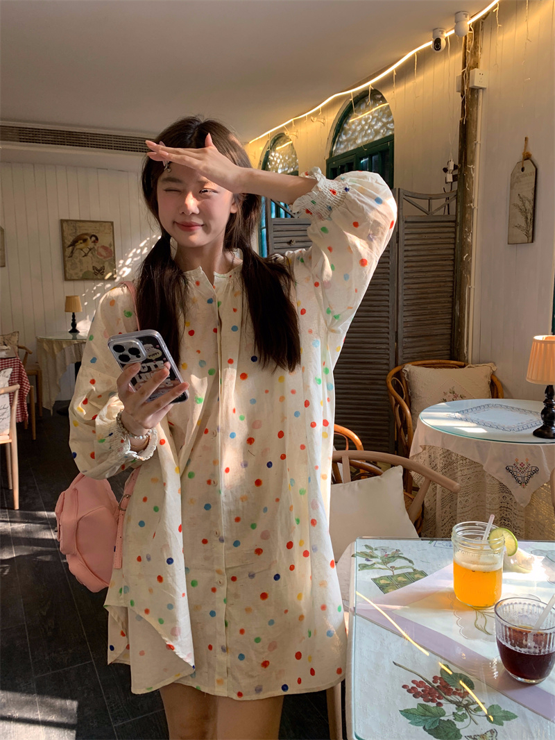 Colorful polka dot print long-sleeved dress for women summer new sweet age-reducing design loose short skirt for small people