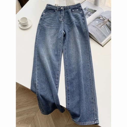 American retro blue straight jeans women's spring and autumn design sense niche high waist loose wide leg floor mopping trousers