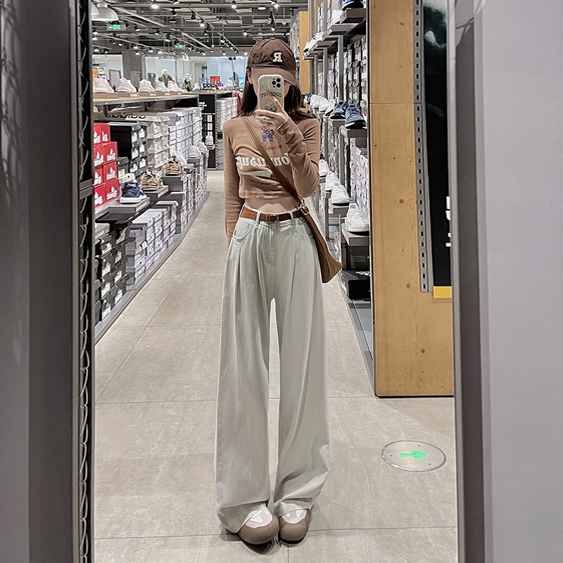 ~High-waist pleated design wide-leg jeans for women new loose casual straight slim floor-length pants for autumn