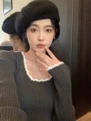 French low round neck sweater for women, early autumn retro temperament bottoming shirt, slim fit pullover sweater with inner top