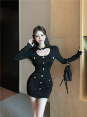 Sexy hollow women's long-sleeved design halter neck square neck knitted dress hip-hugging skirt