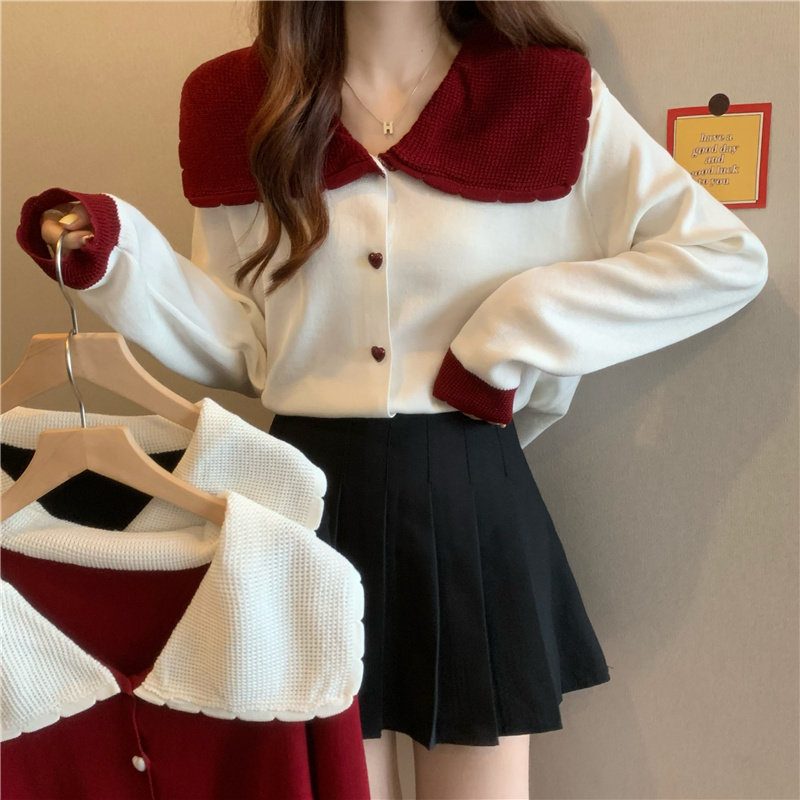 New Autumn and Winter Contrast Color Lapel Sweet Love Button Knitted Cardigan for Women