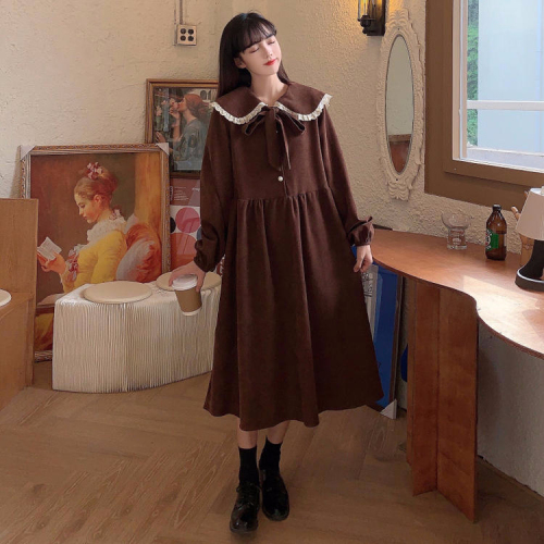 Autumn  new sweet French corduroy waist slimming bow long-sleeved dress preppy style women's skirt