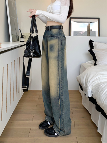 Wide-leg jeans for women in spring and autumn high-waisted loose straight  new style retro drape floor-length pants