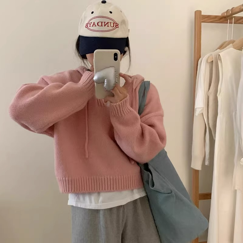 Arctic Velvet Acrylic 48% Nylon 22% PBT 30% Hooded Pullover Sweater Long Sleeve Knitted Sweater Loose Outerwear for Women
