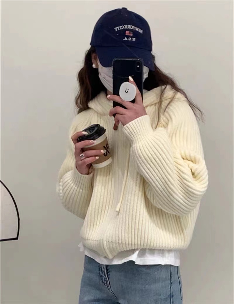 Hooded short knitted cardigan top for women autumn and winter new sweater jacket for women loose and lazy style