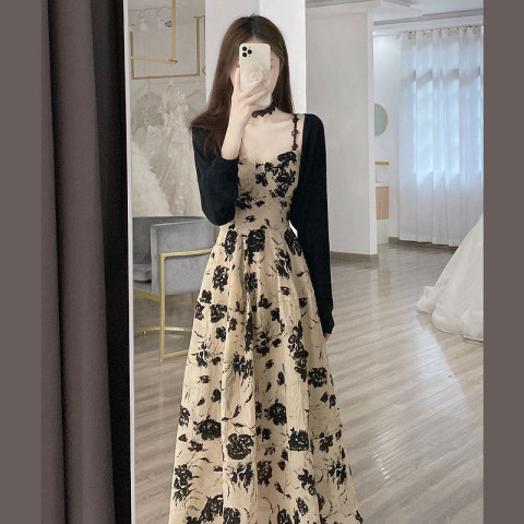 Floral suspender dress women's spring and summer new French retro high-end temperament long skirt two-piece set