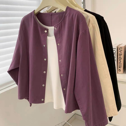 Five colors optional Japanese style round neck long-sleeved work jacket for women 2023 autumn new cardigan top for small people