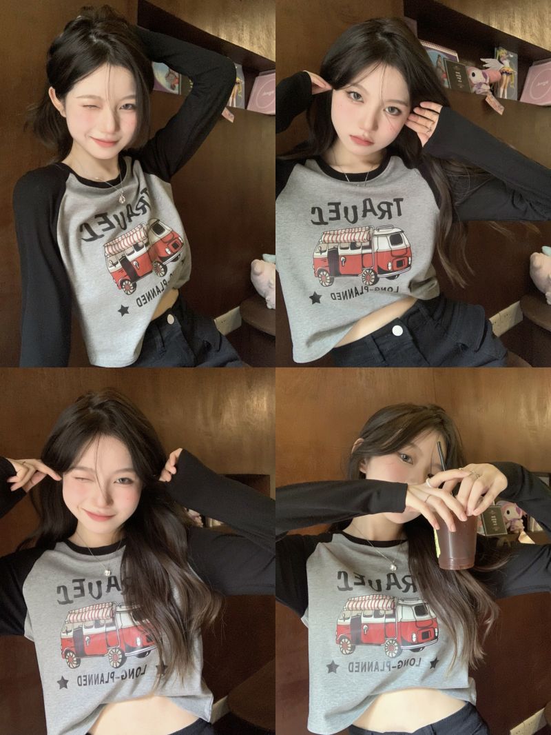 Contrast color long-sleeved T-shirt for women, new autumn and winter round neck top, slim fit inside, short bottoming shirt