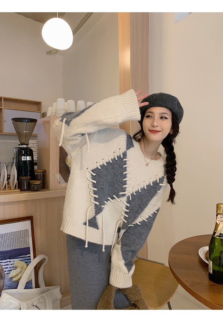 韓國chi高級氣質穿線菱格套頭毛衣外套女秋冬款寬鬆慵懶風針織衫