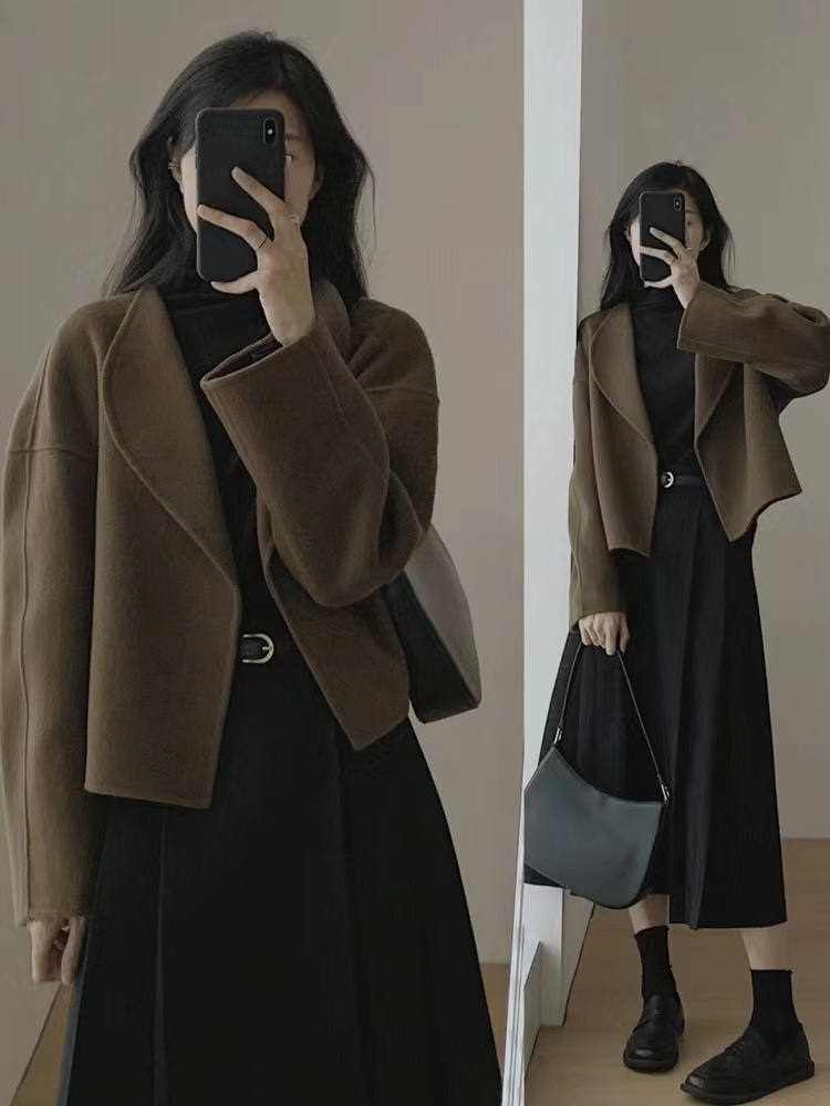 Hepburn style short woolen coat for women autumn and winter thickened small suit double-sided cashmere high-end woolen coat