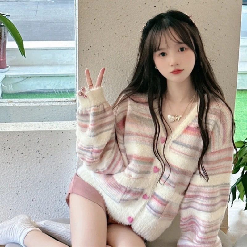 Gentle wind V-neck rainbow striped sweater coat women's spring and autumn soft waxy loose lazy short knitted cardigan top