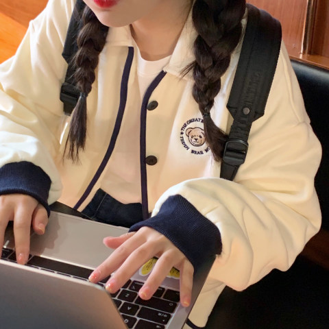 Korean version salt style ins embroidered bear lapel jacket student loose versatile cardigan