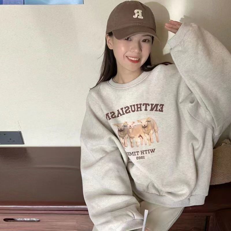Cartoon Simple Printed Round Neck Sweater Female Students Loose All-match Lazy Pullover Long-sleeved Top Trendy