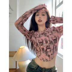 Spring new design pink printed t-shirt women's long-sleeved short hot girl bottoming shirt pure lust top trendy