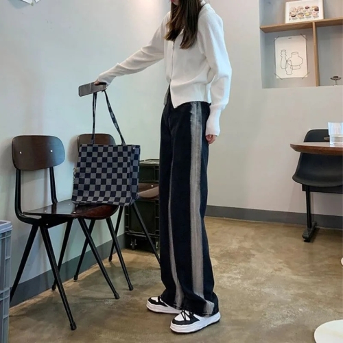 Black gradient high waist straight jeans women's autumn and winter look thin loose small man mopping the floor all-match wide-leg trousers trendy