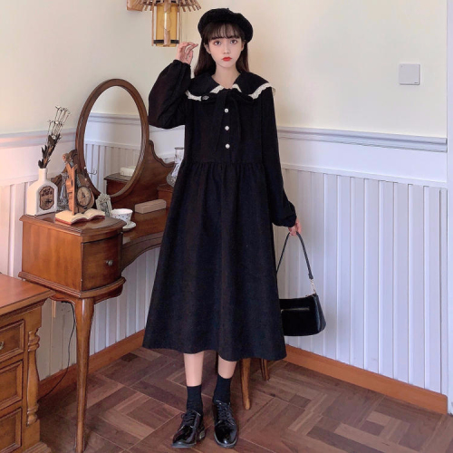 Autumn  new sweet French corduroy waist slimming bow long-sleeved dress preppy style women's skirt