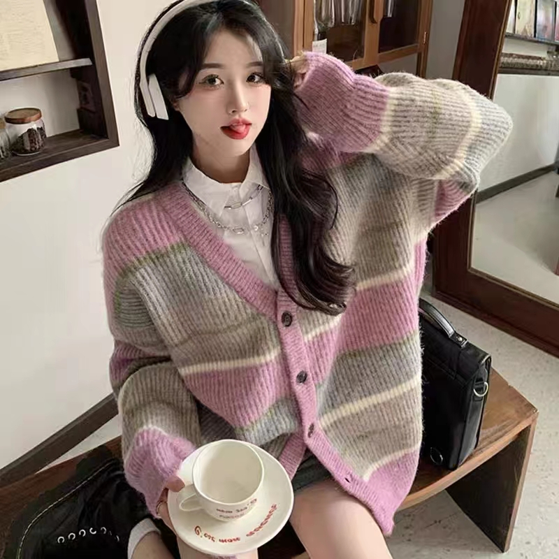 Contrast color design striped V-neck sweater cardigan women's retro loose all-match college style thin sweater jacket