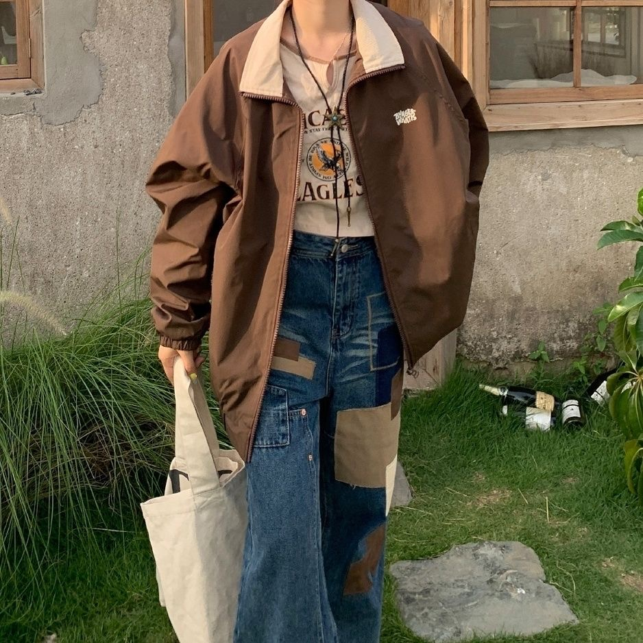 Retro stand-up collar jacket female spring and autumn 2023 new Korean version loose student Harajuku BF jacket top ins tide
