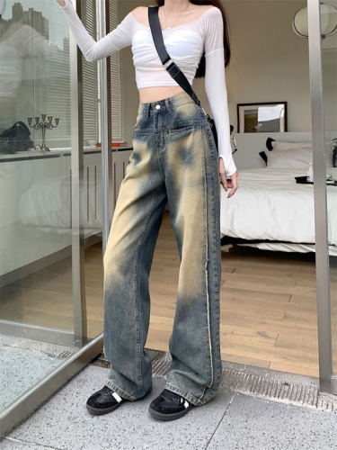 Wide-leg jeans for women in spring and autumn high-waisted loose straight  new style retro drape floor-length pants