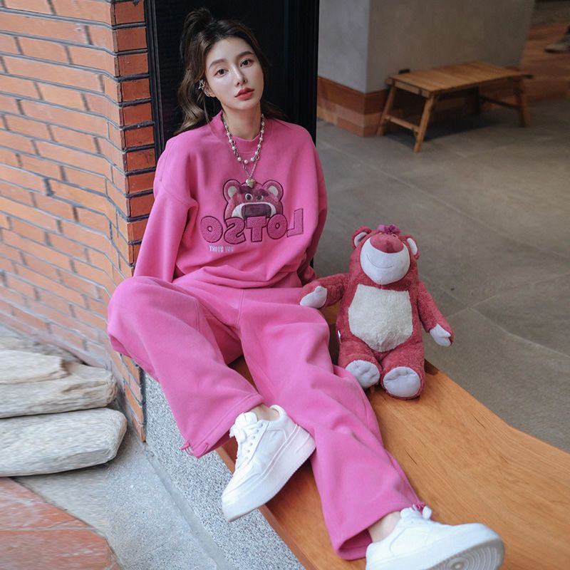 Strawberry Bear Pink Sweatshirt Casual Fashion Suit Women's Spring and Autumn Loose Street Sports Two-piece Set